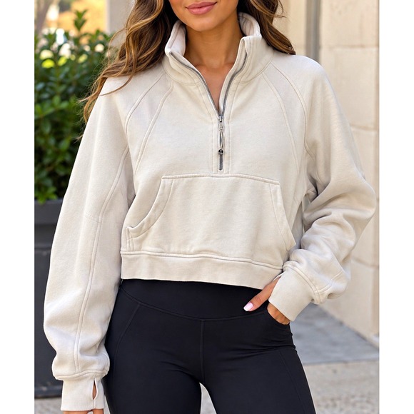 Lululemon Tops - Lululemon Women Cream Scuba Oversized Half Zip Cropped Pullover Sweatshirt M/L